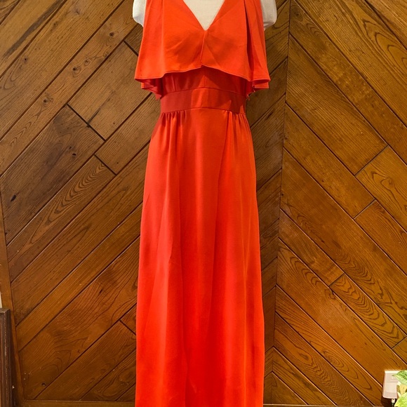Vintage 60s Orange Maxi Dress Disco V-Neck Ruffled Knit Leslie Fay Knit Party - Picture 1 of 8